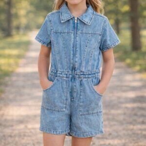 Kids Denim Jumper with Zipper Collar & Front Pockets – Short Sleeve Casual Dress